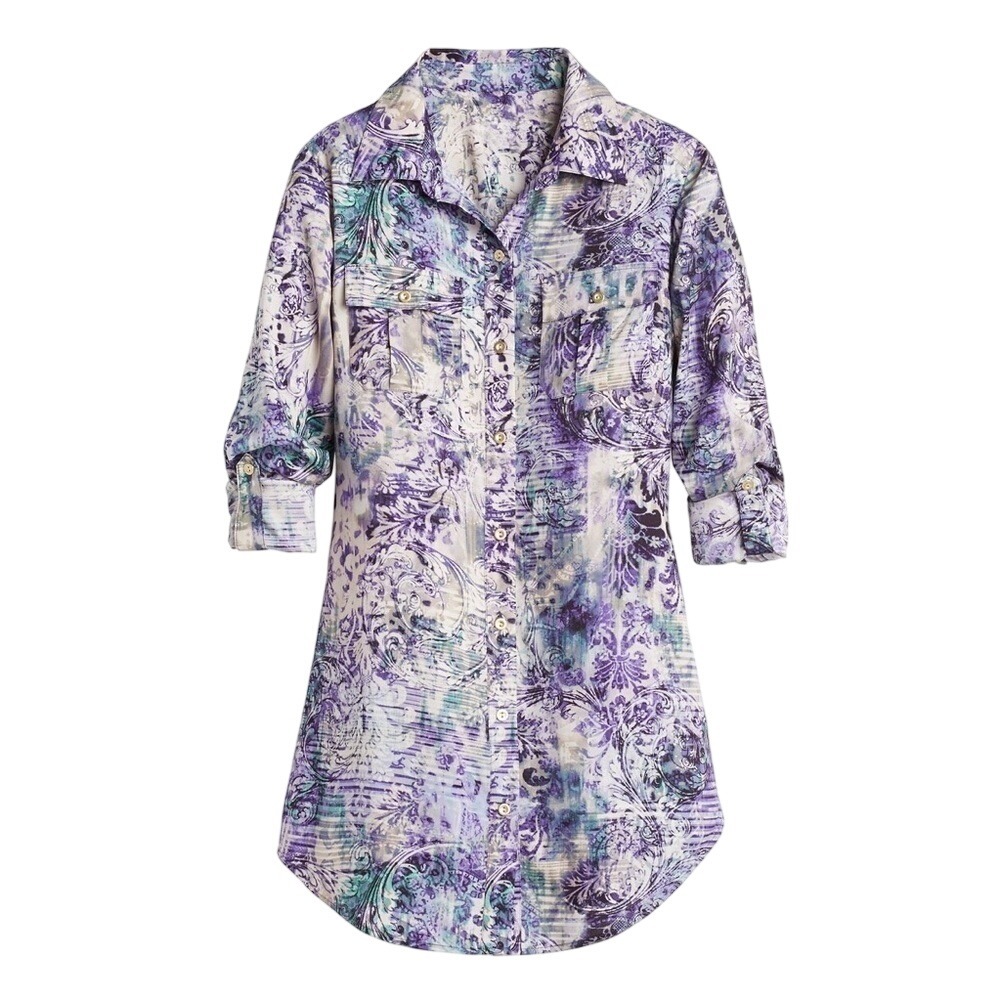 Chicos Size L 12 Divine Damask Athens Roll Tab Sleeves Button Down Tunic Shirt